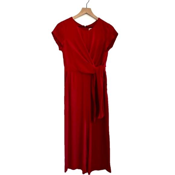 Maeve Anthropologie Grier Jumpsuit Red Crepe Rayon Cap Sleeves Tie Front Size 2P - Picture 4 of 13